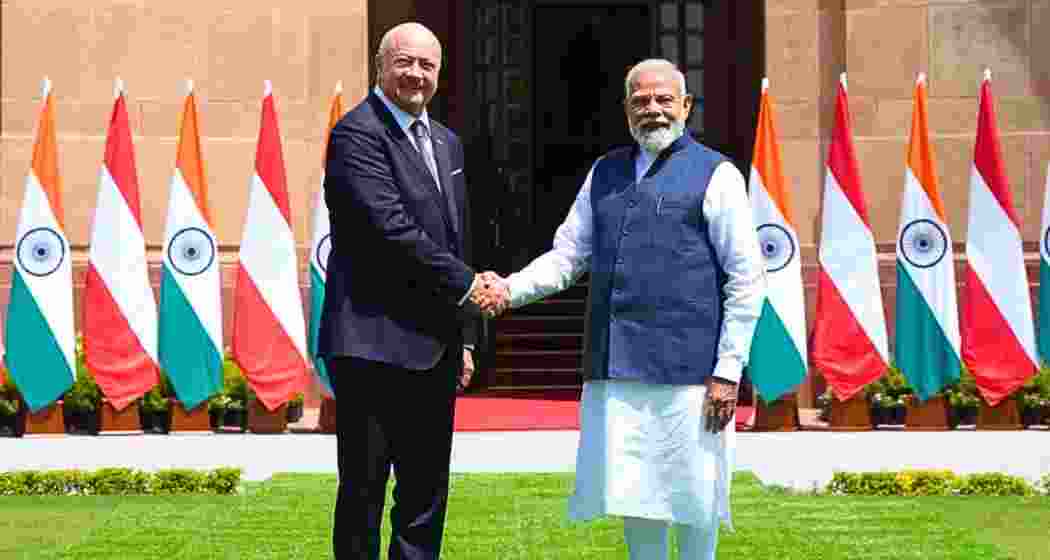 Prime Minister Narendra Modi and Austrian Chancellor Christian Stocker during their bilateral meeting in New Delhi, where both sides condemned recent terror attacks and discussed strengthening counter-terror cooperation.