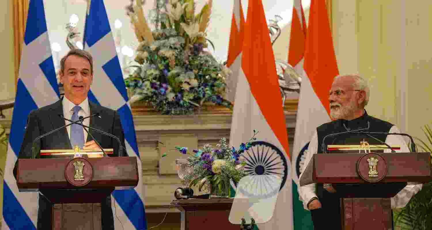 Prime Minister Narendra Modi and Prime Minister of Greece Kyriakos Mitsotakis during a joint press statement after their meeting, at the Hyderabad House, in New Delhi on Wednesday.