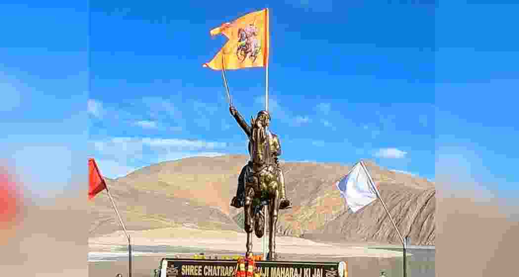 A statue of Chhatrapati Shivaji installed by the Indian Army at Pangong Tso, Ladakh. The site stands at an altitude of 14,300 feet near the LAC with China.