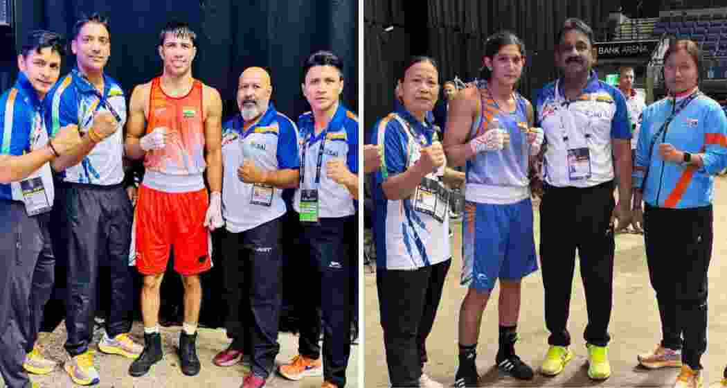 Indian boxers Sumit Kundu (left) and Neeraj Phogat (right) celebrate their victories.