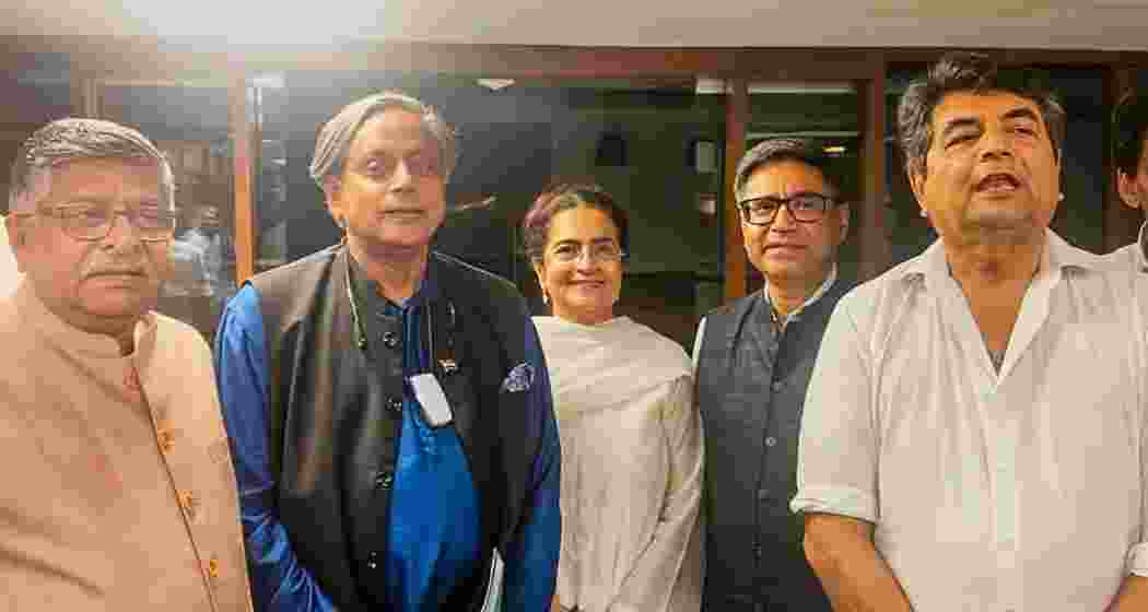 Congress MP Shashi Tharoor, BJP leaders RPN Singh and Ravi Shankar Prasad, with Foreign Secretary Vikram Misri, after a meeting of Parliament’s External Affairs panel in New Delhi on Tuesday.
