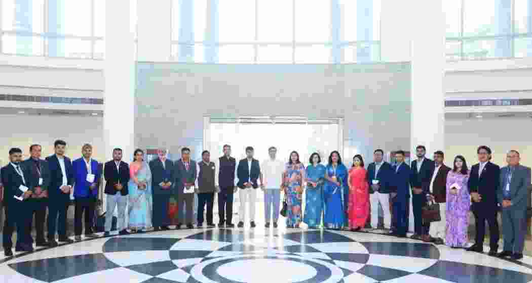 Foreign Secretary Vikram Misri with journalists from Nepal in New Delhi on Saturday.