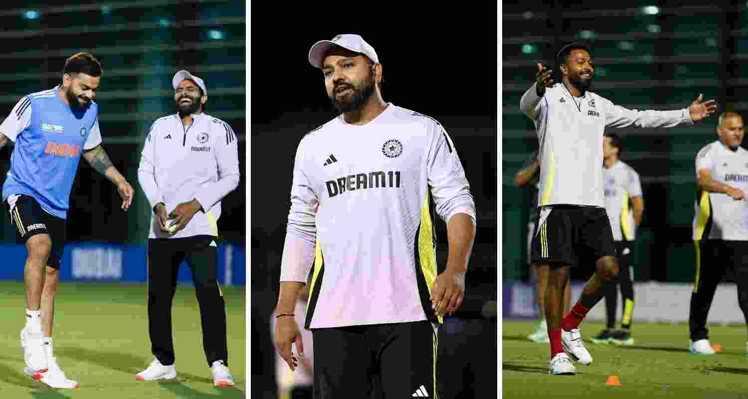 Images of team India from a practice session before their final group stage clash against New Zealand. Images via @BCCI on X.