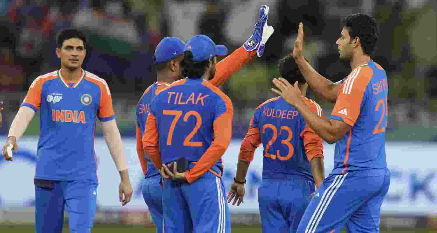 India's Shivam Dube, right, celebrates with teammates the wicket of Pakistan's Saim Ayub during the Asia Cup cricket match between India and Pakistan at Dubai International Cricket Stadium in Dubai, United Arab Emirates, on Sunday, September 21.