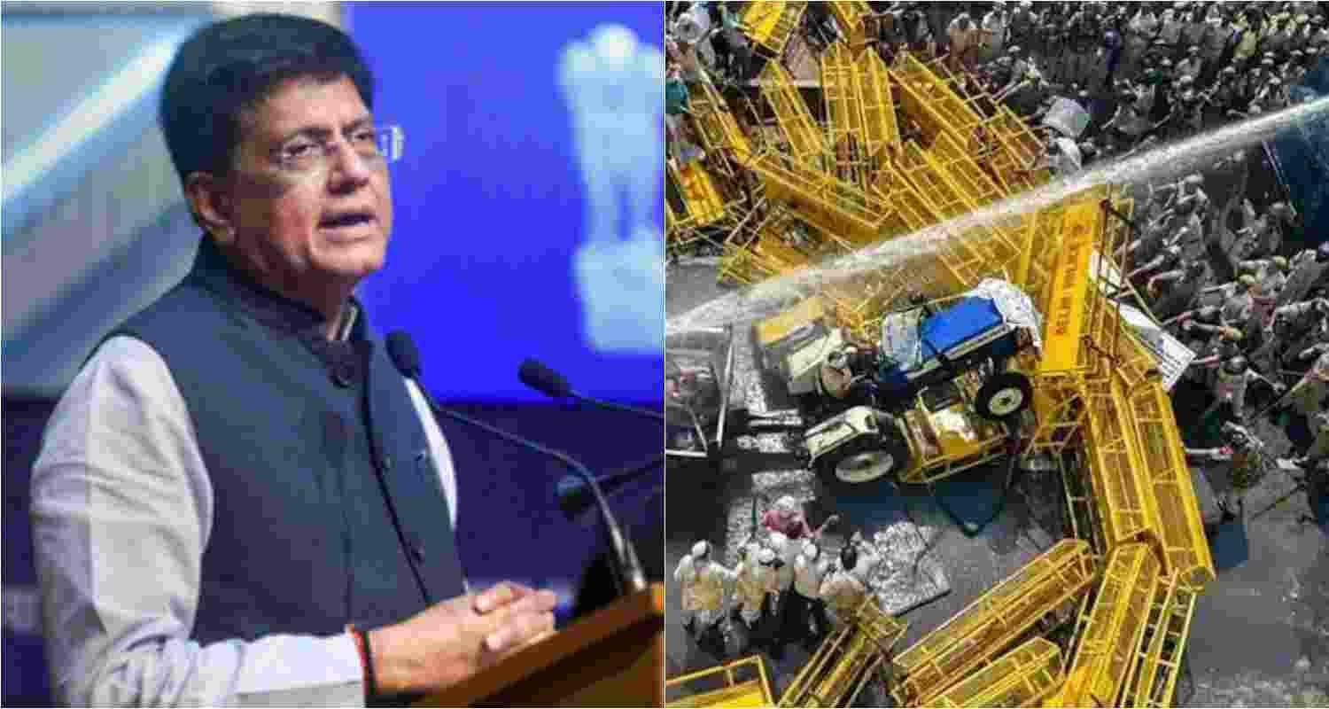 Minister of Commerce & Industry, Consumer Affairs & Food & Public Distribution and Textiles, Piyush Goyal (left). Police use water cannons to disperse farmers protesting at Delhi-UP border during 'Kisan Kranti Padyatra' in New Delhi (right).