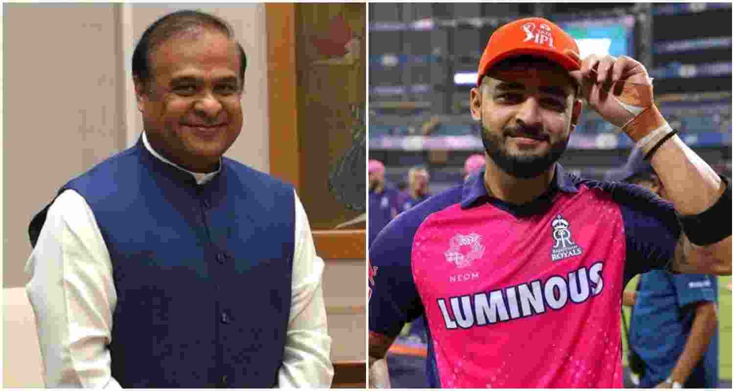 Assam Chief Minister Himanta Biswa Sarma (L), Indian cricketer and Assam skipper Riyan Parag Das (R).