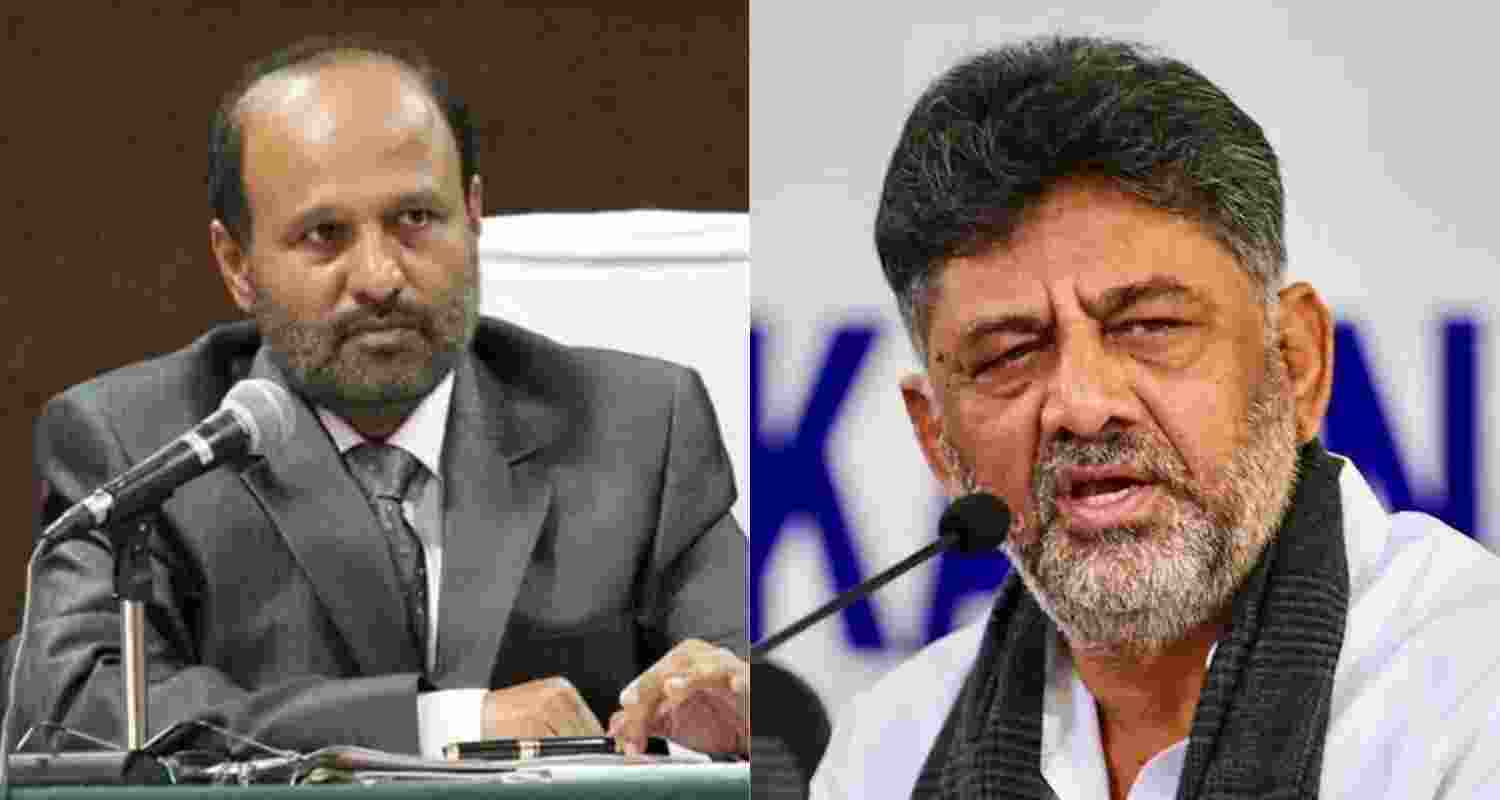 Karnataka Cong MLA HA Iqbal Hussain (left) and DCM Shivakumar. Karnataka Cong MLA HA Iqbal Hussain (left) and DCM Shivakumar.