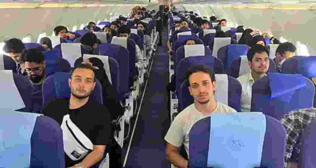 Indian students onboard a special flight from Mashhad to Delhi, being evacuated under Operation Sindhu as part of the government's mission to rescue nationals from war-hit Iran.