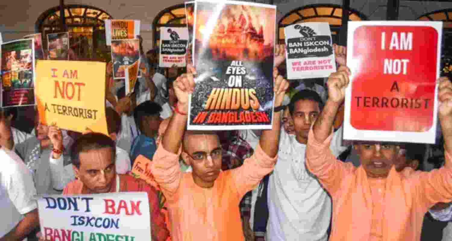 Iskcon members protest over arrest of Hindu monk Chinmoy Krishna Das in Bangladesh