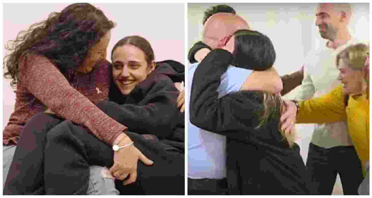 Romi Gonen and her mother Merav embrace during their emotional reunion after 15 months in captivity (left). Footage captures the moment the first three hostages were safely returned to Israel.