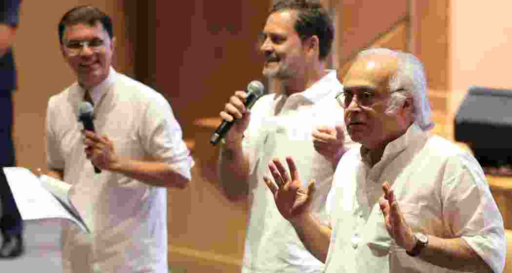Congress leaders Jairam Ramesh, Pawan Khera, and Rahul Gandhi at a press briefing in New Delhi. (File photo)