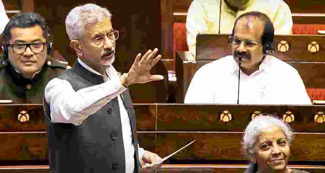Union External Affairs Minister S Jaishankar speaks in the Rajya Sabha during the Monsoon session of Parliament, in New Delhi on Wednesday.