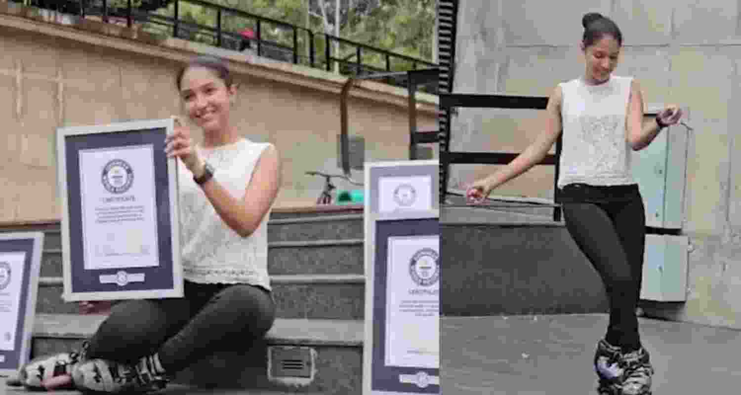 Janvi Jindal, 17, from Chandigarh, proudly displays her Guinness World Records certificates after becoming the youngest Indian to achieve five titles in freestyle skating.