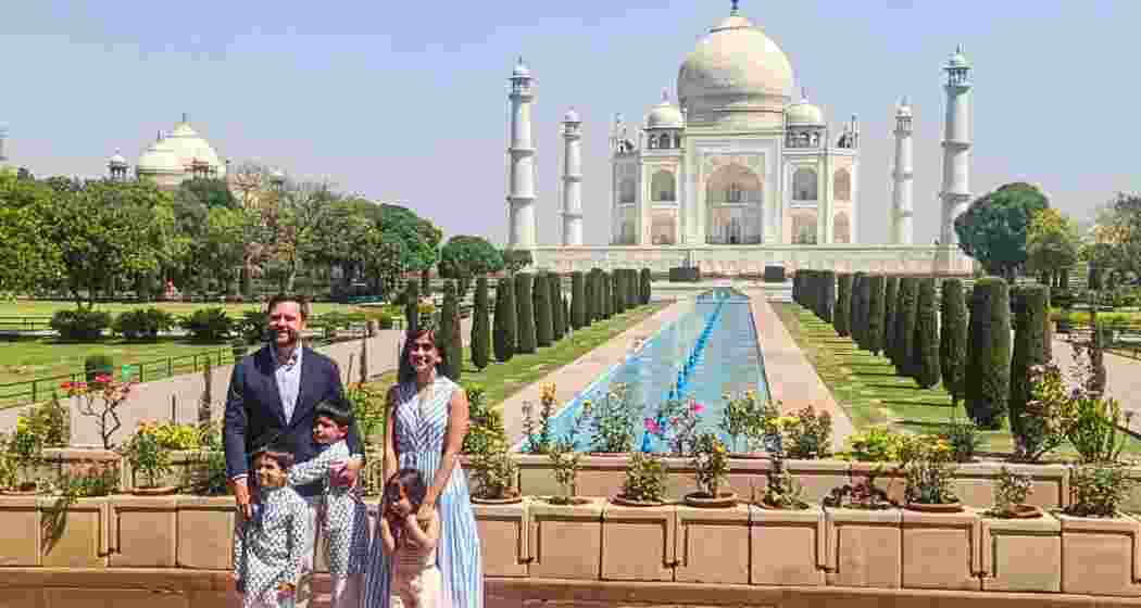 US Vice President JD Vance with wife Usha and their three children, sons Ewan and Vivek and daughter Mirabel, during a visit to the Taj Mahal, in Agra, Uttar Pradesh, Wednesday, April 23, 2025. 