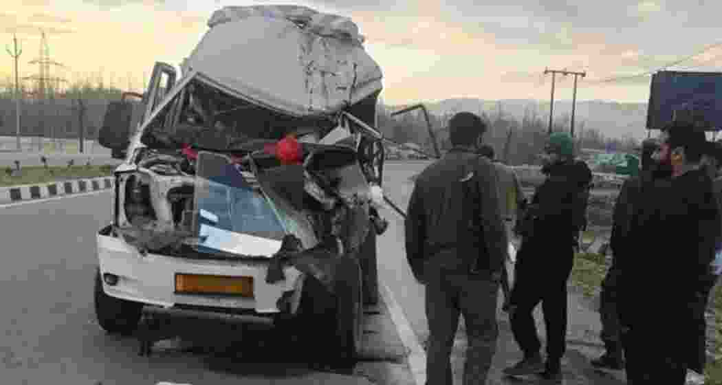 Emergency responders at the accident site in Qazigund, where a tempo traveller crashed on the Srinagar-Jammu National Highway, injuring nine tourists who were later hospitalised at GMC Anantnag.

