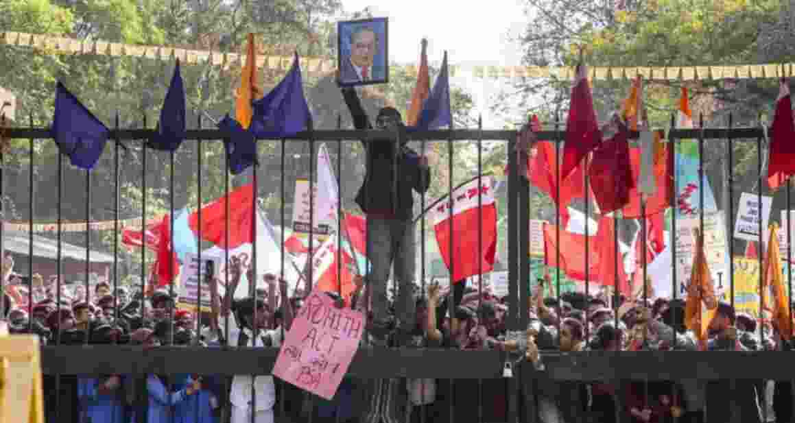 Fourteen students, who include JNUSU president Aditi Mishra and former president Nitish Kumar, were among 51 people detained during a heated confrontation at the university gates. 