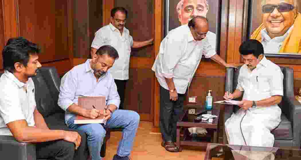 Tamil Nadu Chief Minister MK Stalin and state Minister Udhayanidhi Stalin with Makkal Needhi Maiam (MNM) leader Kamal Haasan during a meeting, at the DMK office in Chennai. 