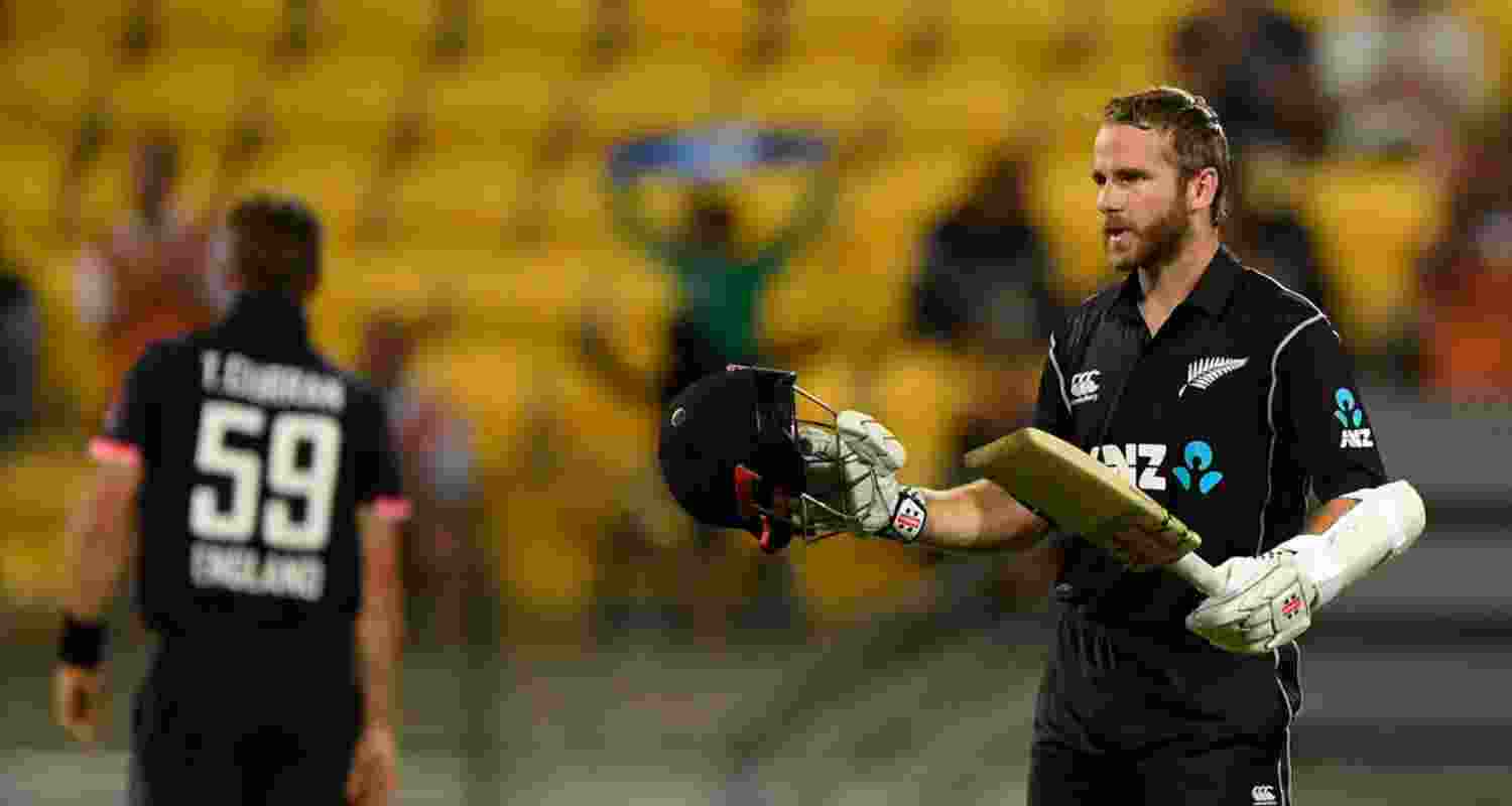 New Zealand batsman Kane Williamson celebrates a century during the Champion's Trophy Semi-final against South Africa.