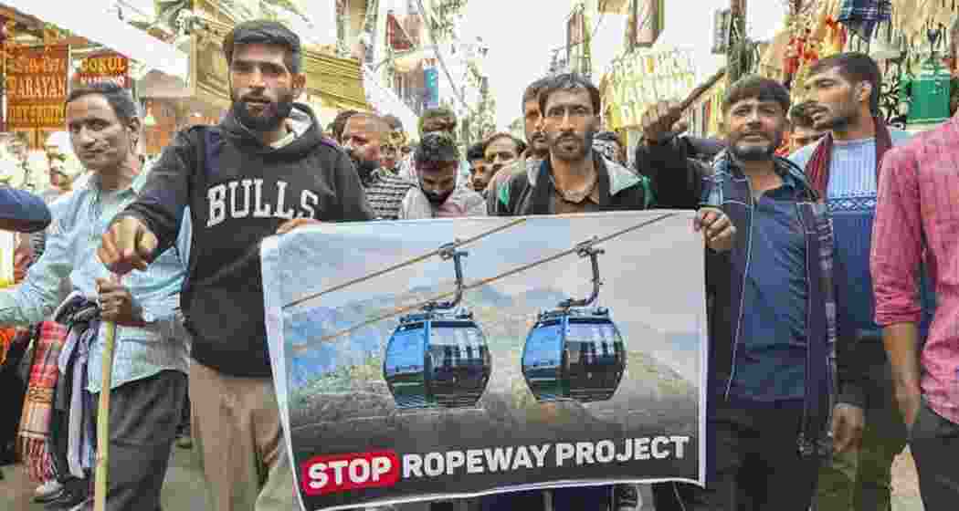 Protestors against the Katra ropeway project ferrying pilgrims to Vaishno Devi. File photo.