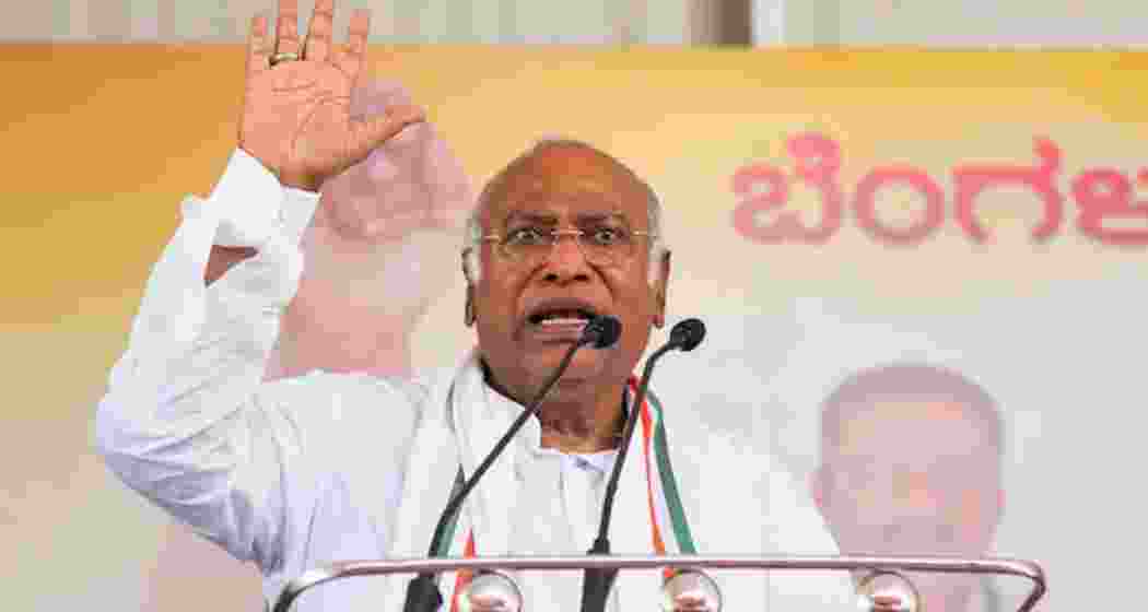 A file photo of Congress president Mallikarjun Kharge addressing a gathering. 