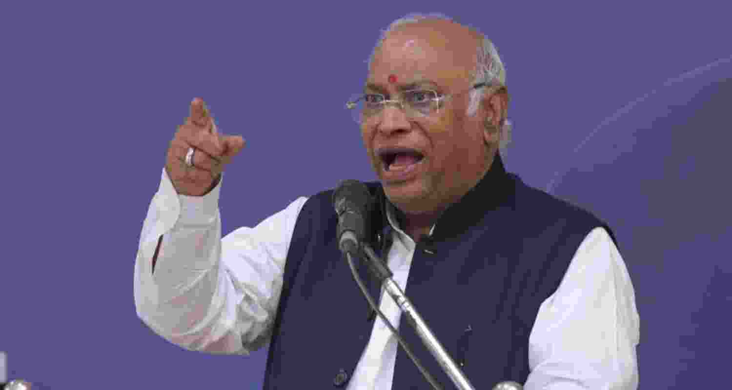 Congress president Mallikarjun Kharge addresses district president of Gujarat on Wednesday. 