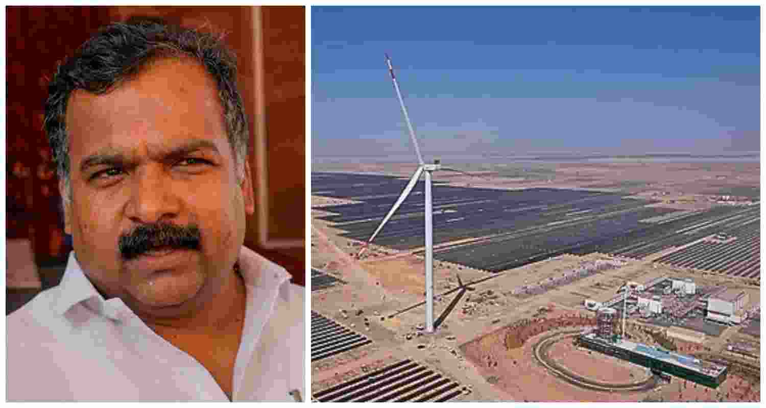 Congress MP Manickam Tagore. The Khavda Renewable Energy Park, led by the Adani Group on the right. (File photos)