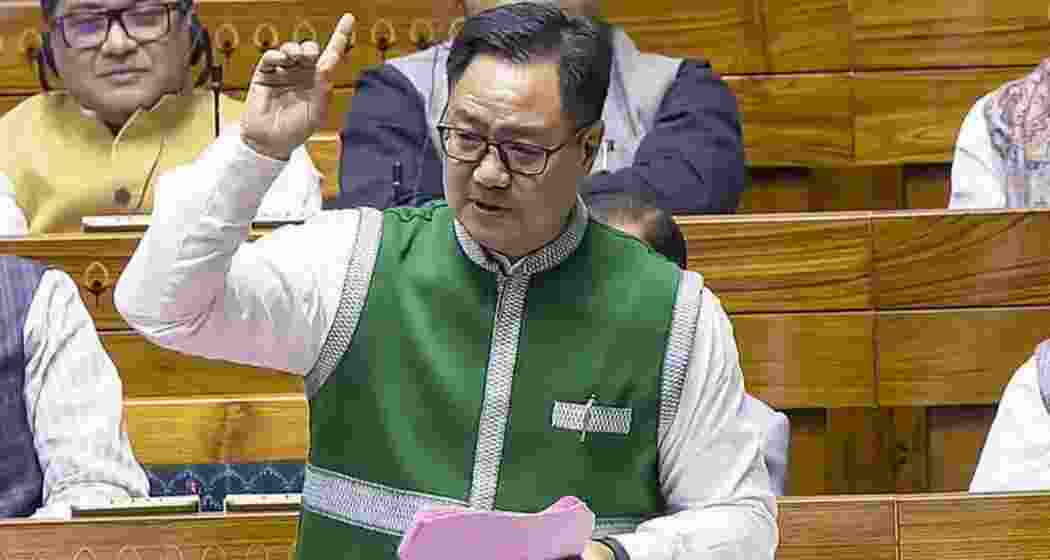 Parliamentary Affairs Minister Kiren Rijiju addresses the Rajya Sabha during a session of Parliament in New Delhi. (File photo)