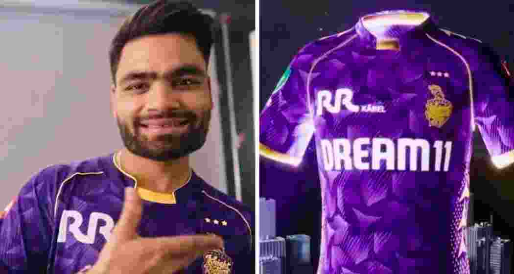 Kolkata Knight Riders star batter Rinku Singh poses in the newly unveiled biodegradable jersey, part of the team's 'Runs to Roots' campaign, promoting sustainability and environmental conservation in the IPL 2025 season.