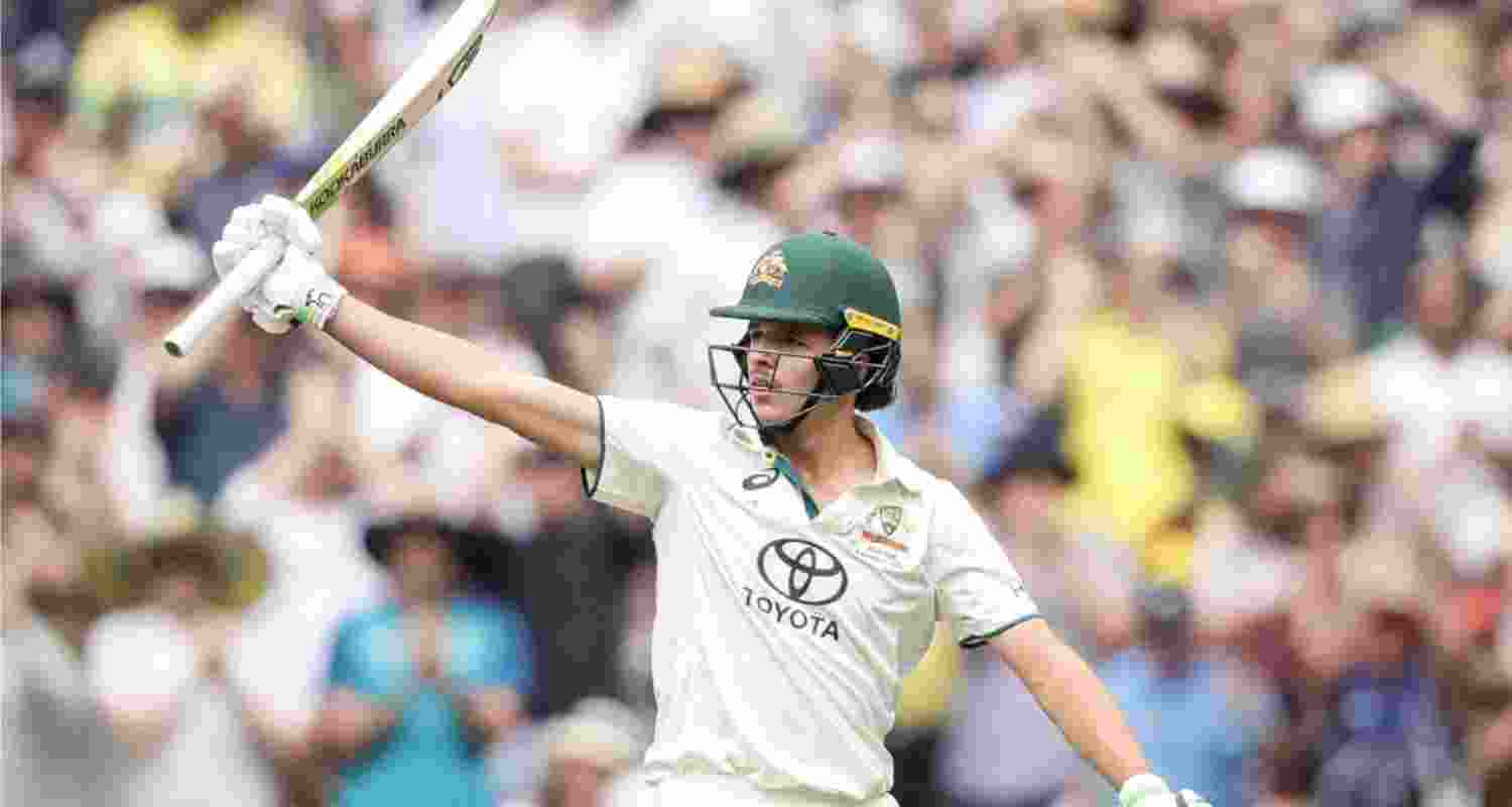Sam Konstas celebrates his maiden half-century in his debut match at the MCG. Image via cricket.com.au