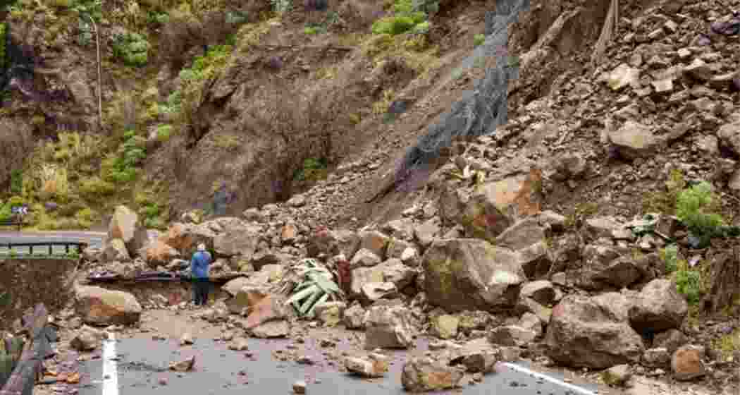 A view of a landslide-damaged road in North Sikkim, showing extensive disruption and debris blocking the route. The area has been severely affected, prompting evacuation orders for nearby residents.