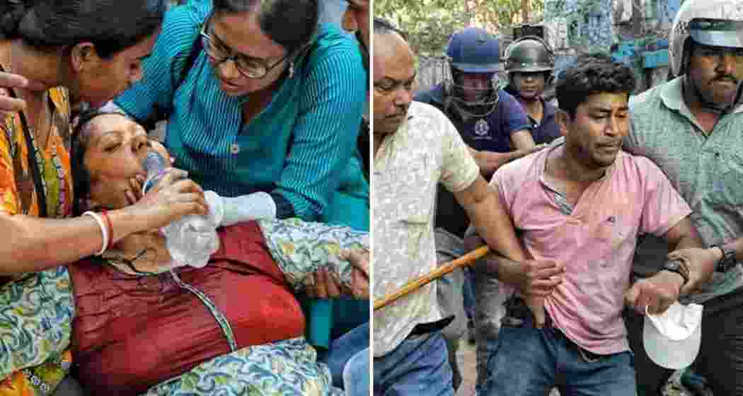 Protesting female teachers tend to a colleague who fainted during the demonstration. On the right, West Bengal Police escort a sacked teacher amid ongoing protests against mass job terminations.