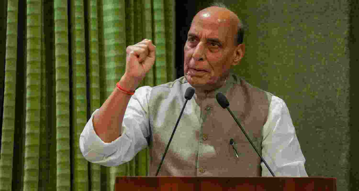 Union Defence Minister Rajnath Singh arrives to attend Border Roads Organisation's 66th Raising Day ceremony at the Manekshaw Centre, in New Delhi, Wednesday.