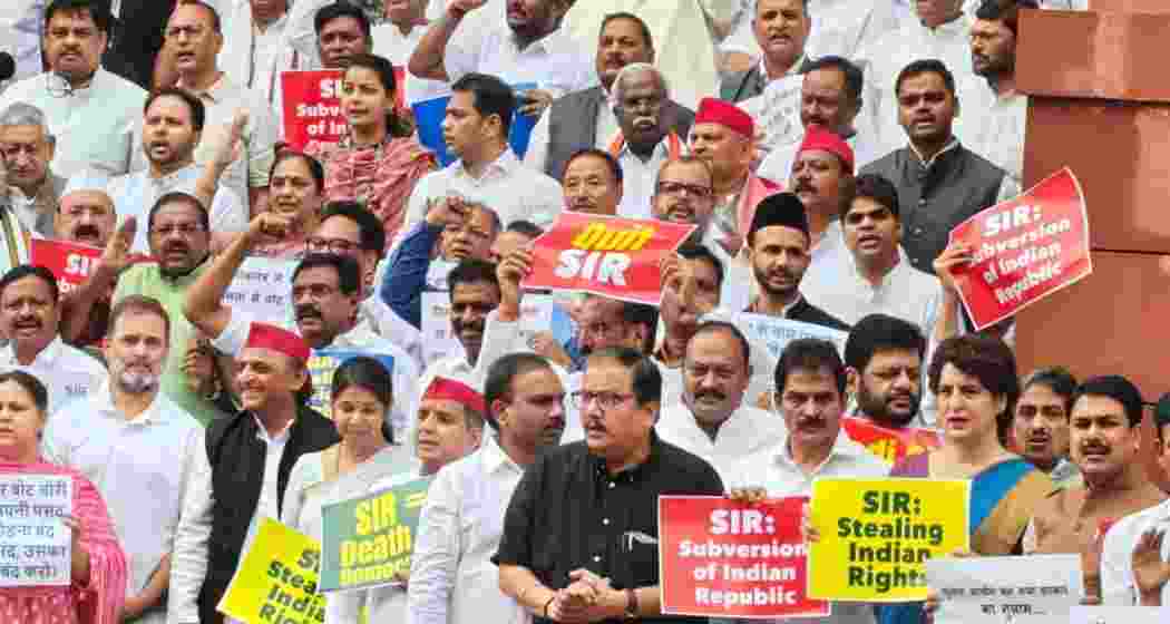 Opposition MPs, including Lok Sabha LoP Rahul Gandhi, Samajwadi Party chief Akhilesh Yadav, protest at Makar Dwar of Parliament over the issue of SIR (Special Intensive Review) exercise in Bihar.