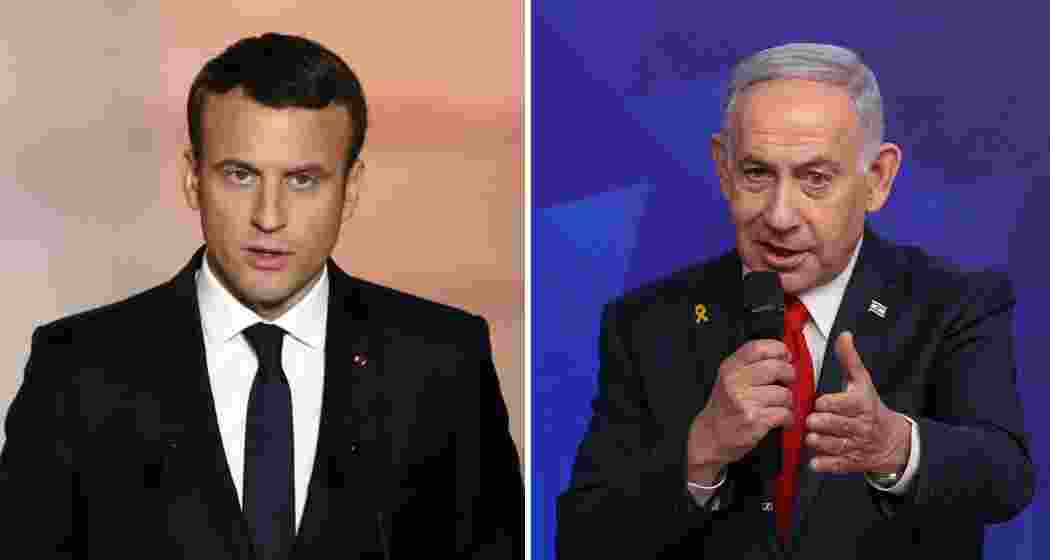 French President Emmanuel Macron (left) and Israeli Prime Minister Benjamin Netanyahu (right).