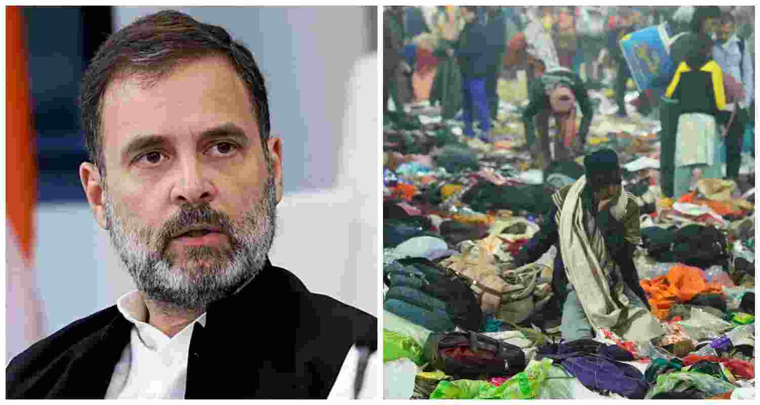 A stranded devotee is seen after a stampede occurred at Sangam on 'Mauni Amavasya' during the ongoing 'Maha Kumbh Mela' festival, in Prayagra on Wednesday, Jan. 29, 2025. A file photo of Rahul Gandhi on the left.