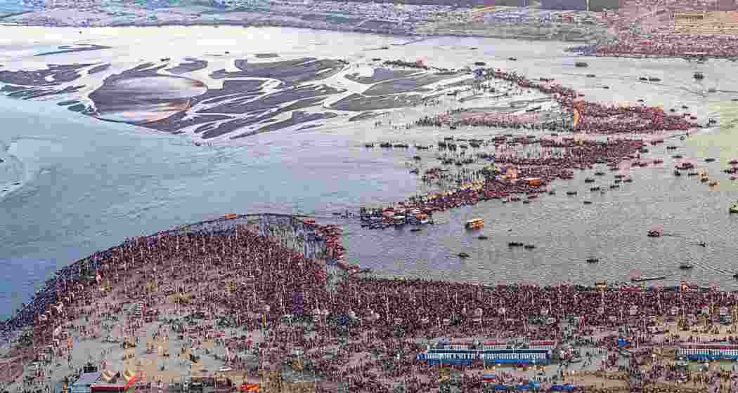 An aerial view of the Sangam area during the ongoing Maha Kumbh Mela festival, in Prayagraj, Uttar Pradesh on Friday, Feb. 7, 2025. 