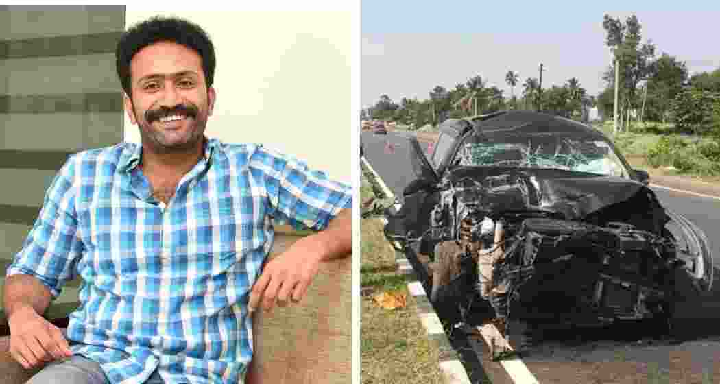 Actor Shine Tom Chacko (left). The actor, along with his father and mother, met a tragic car accident in Tamil Nadu that claimed his father's life. The mangled remains of the vehicle are seen here.