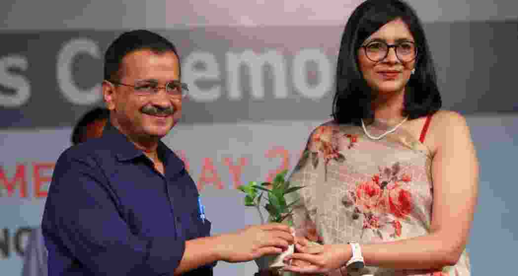 Swati Maliwal shares the stage with Arvind Kejriwal at a past event in New Delhi. Photo: X/@SwatiJaiHind
