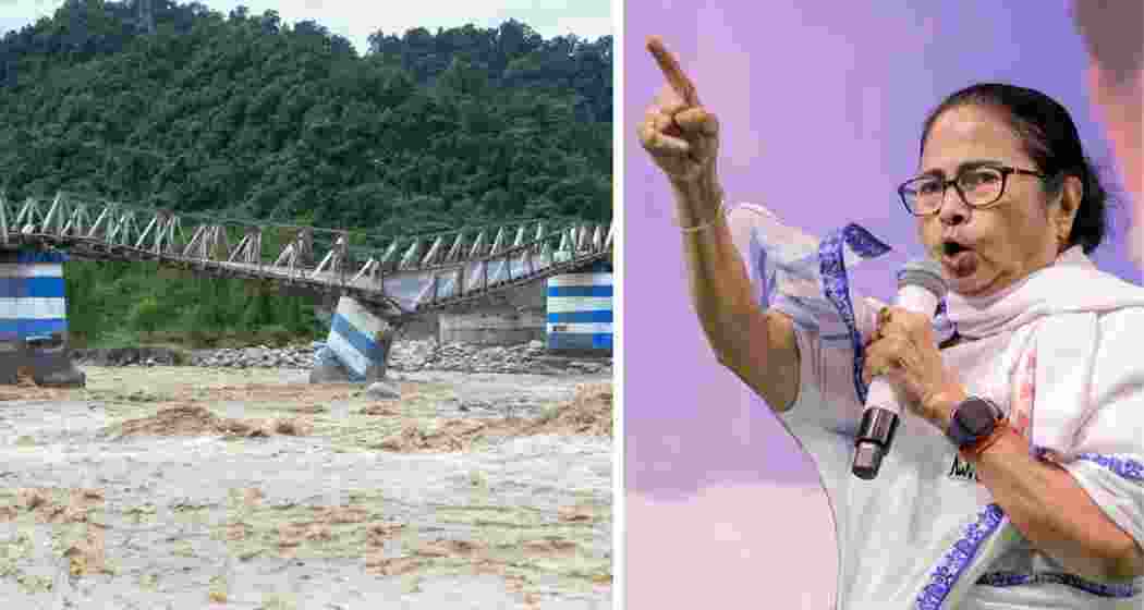 The collapsed Dudhia Iron Bridge over the Balason River after torrential rains in Darjeeling on October 5, 2025. Chief Minister Mamata Banerjee later visited the site.