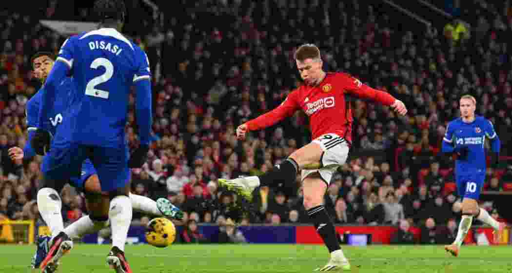 Scott McTominay takes a shot at goal against Chelsea.