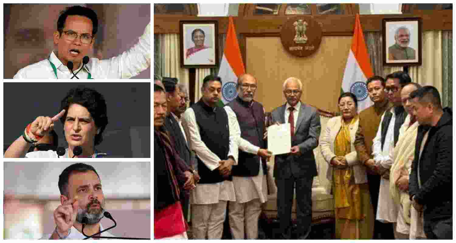 Manipur CM N Biren Singh's resignation has triggered political debates, raising questions about its intent as the state continues to reel through the ongoing unrest. In photos: From top:  Assam Congress MP Gaurav Gogoi, Congress General Secretary Priyanka Gandhi Vadra, Leader of the Opposition, Rahul Gandhi. 