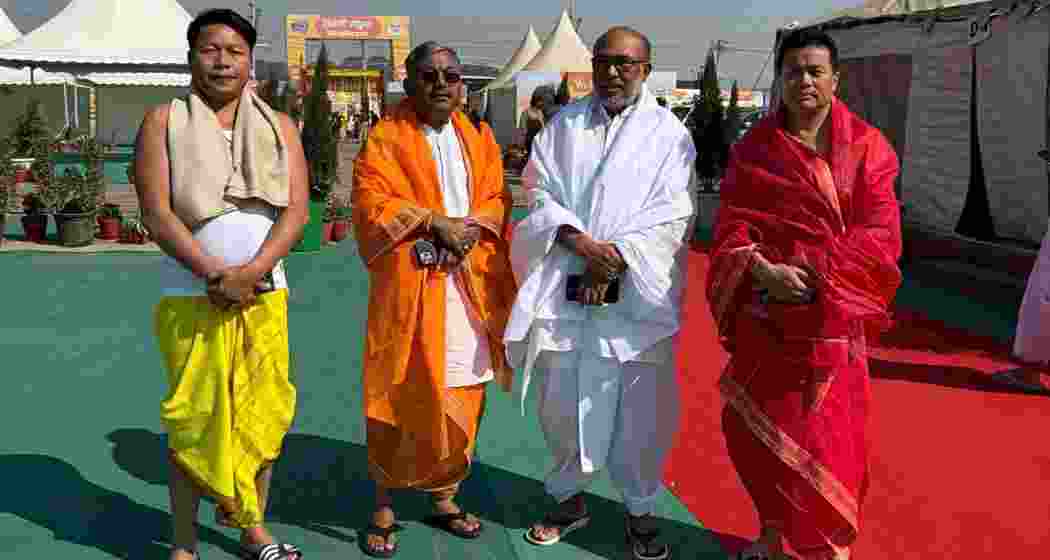 Manipur Chief Minister N Biren Singh, along with cabinet ministers and MLAs, after taking a dip at the confluence of Ganges, Yamuna, and Saraswati during the Maha Kumbh Mela in Prayagraj on Thursday.