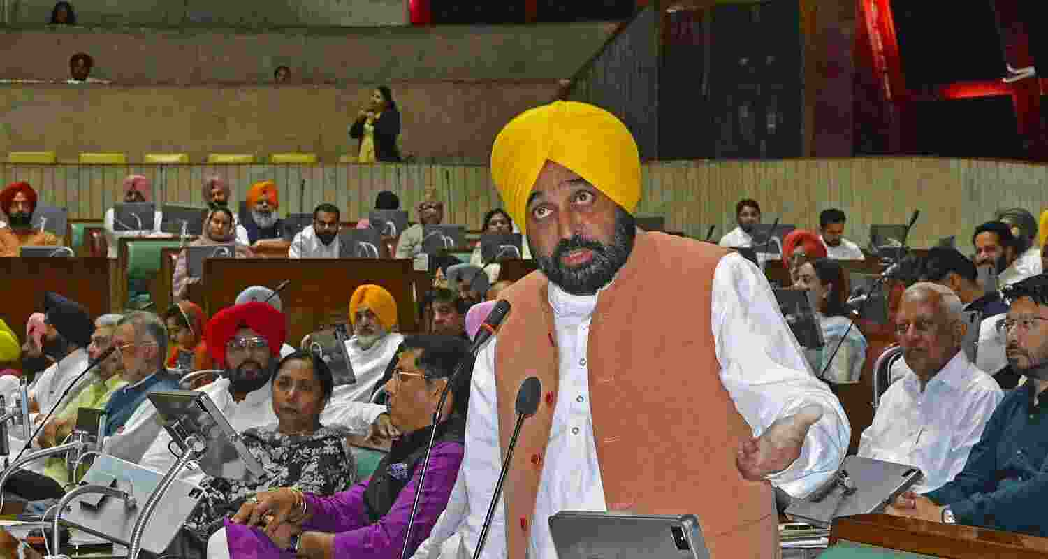 Punjab Chief Minister Bhagwant Mann speaks during a one-day special session of the Punjab Legislative Assembly, in Chandigarh, Monday.