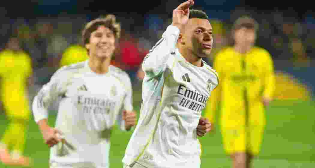 Real Madrid's Kylian Mbappe celebrates after the Spanish La Liga soccer match between Villarreal and Real Madrid in Villarreal, Spain, Saturday. (Image: AP)