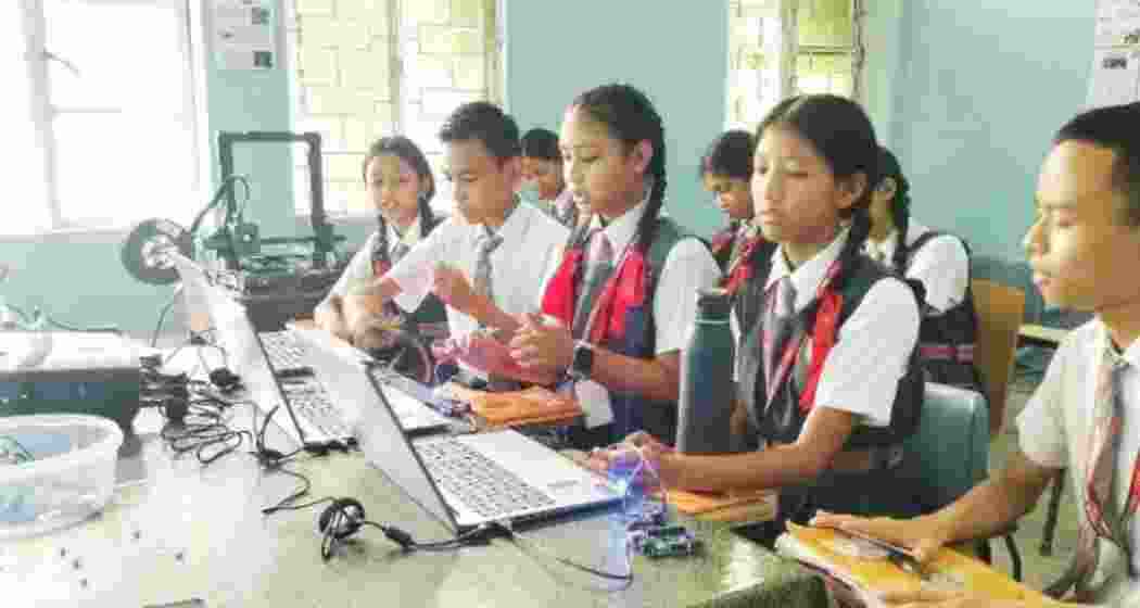 Students engage in hands-on experiments at a Tinkering Lab in a school in Meghalaya, part of IIT Guwahati's initiative to promote STEM education and innovation.