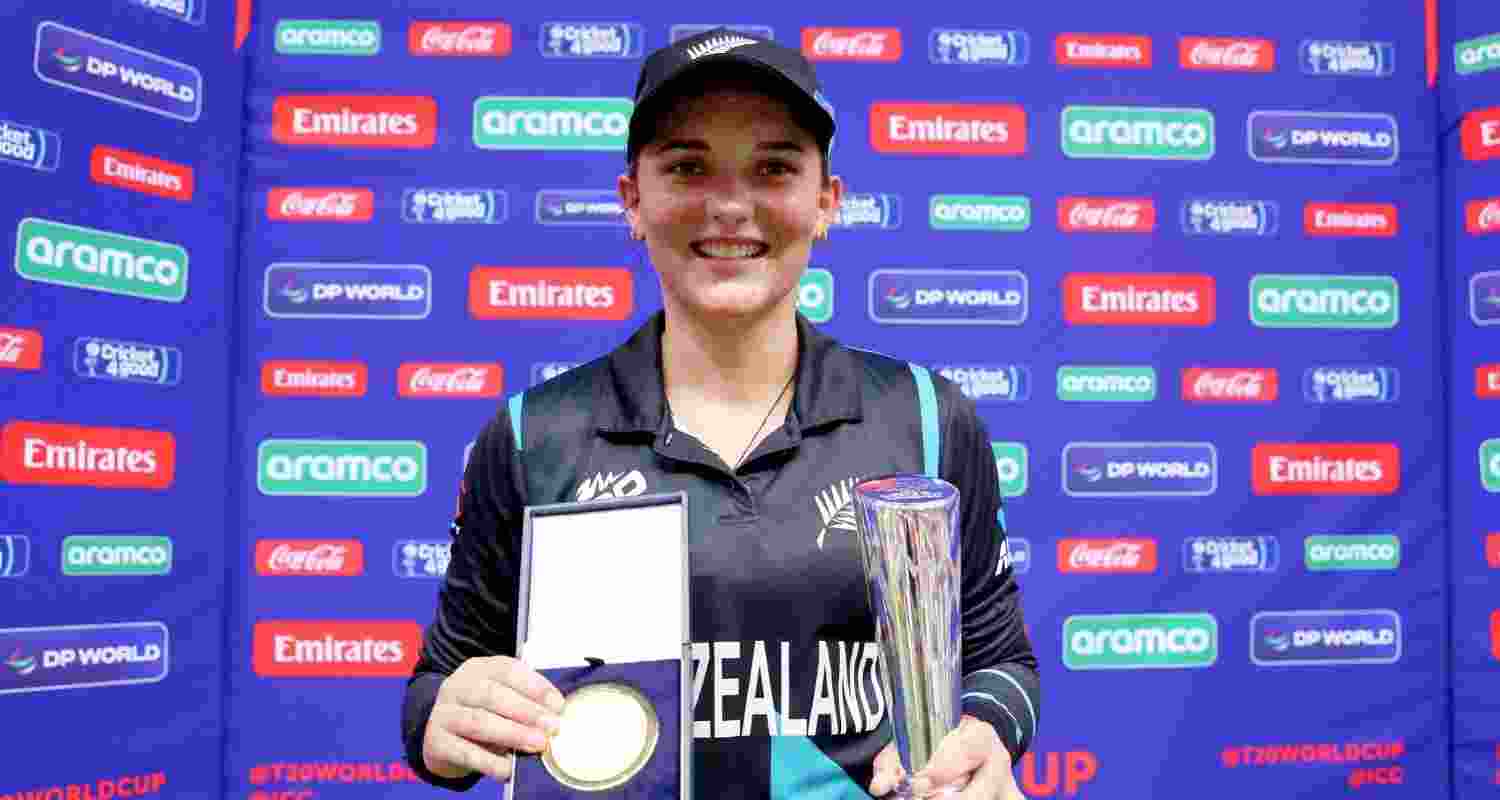 Kiwi player Kerr during a post-match ceremony during the 2024 T20 World Cup. Image via X.