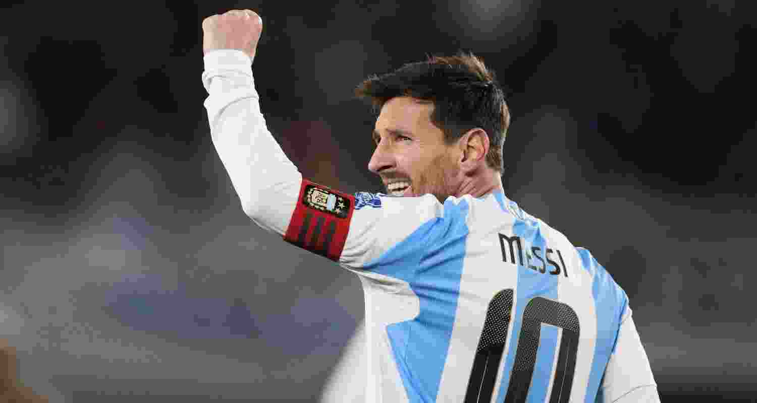 Argentina's Lionel Messi celebrates scoring his side's third goal against Venezuela during a World Cup 2026 qualifying soccer match at the Monumental stadium in Buenos Aires, Argentina, Thursday.