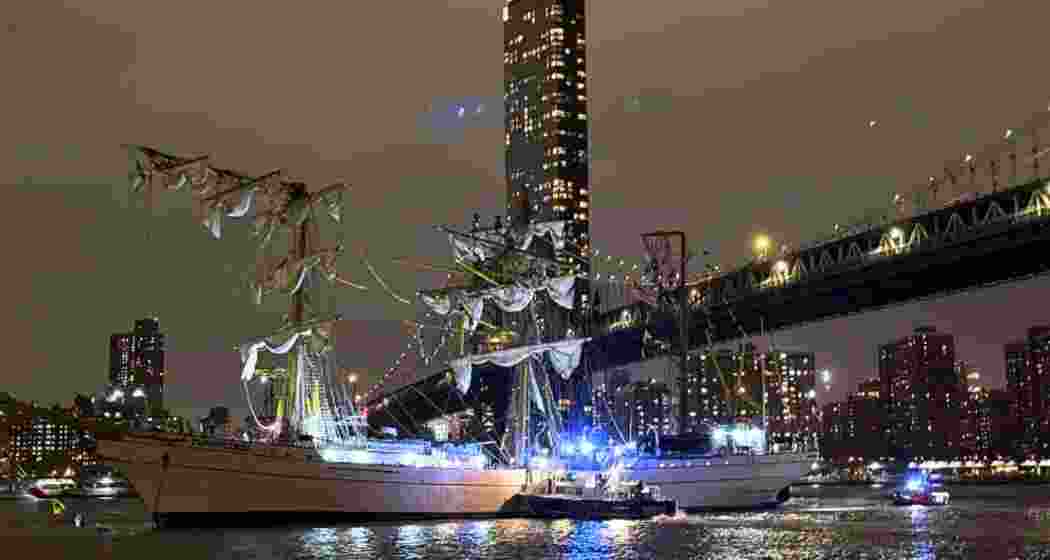 A masted Mexican Navy training ship, the Cuauhtémoc, sits stranded near the Manhattan Bridge after colliding with the Brooklyn Bridge in New York, on Saturday. 