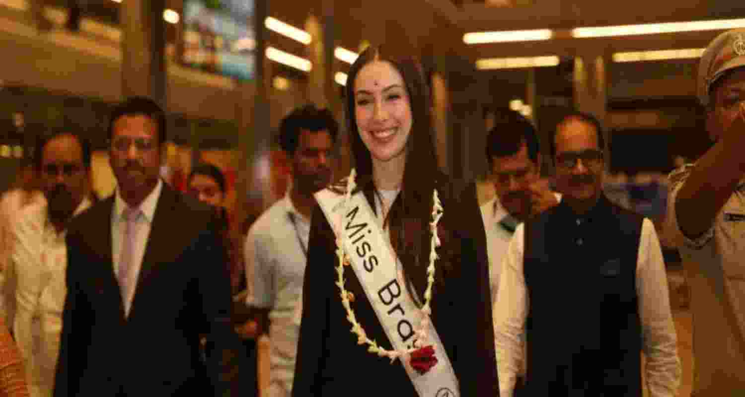 Miss Brazil lands in India to participate in the upcoming Miss World pageant at Telangana.