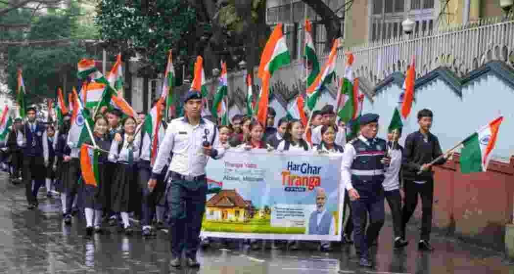 Students from various schools in Aizawl march together with pride, carrying the Tricolour during the 'Tiranga Yatra' to celebrate India's Independence Day.